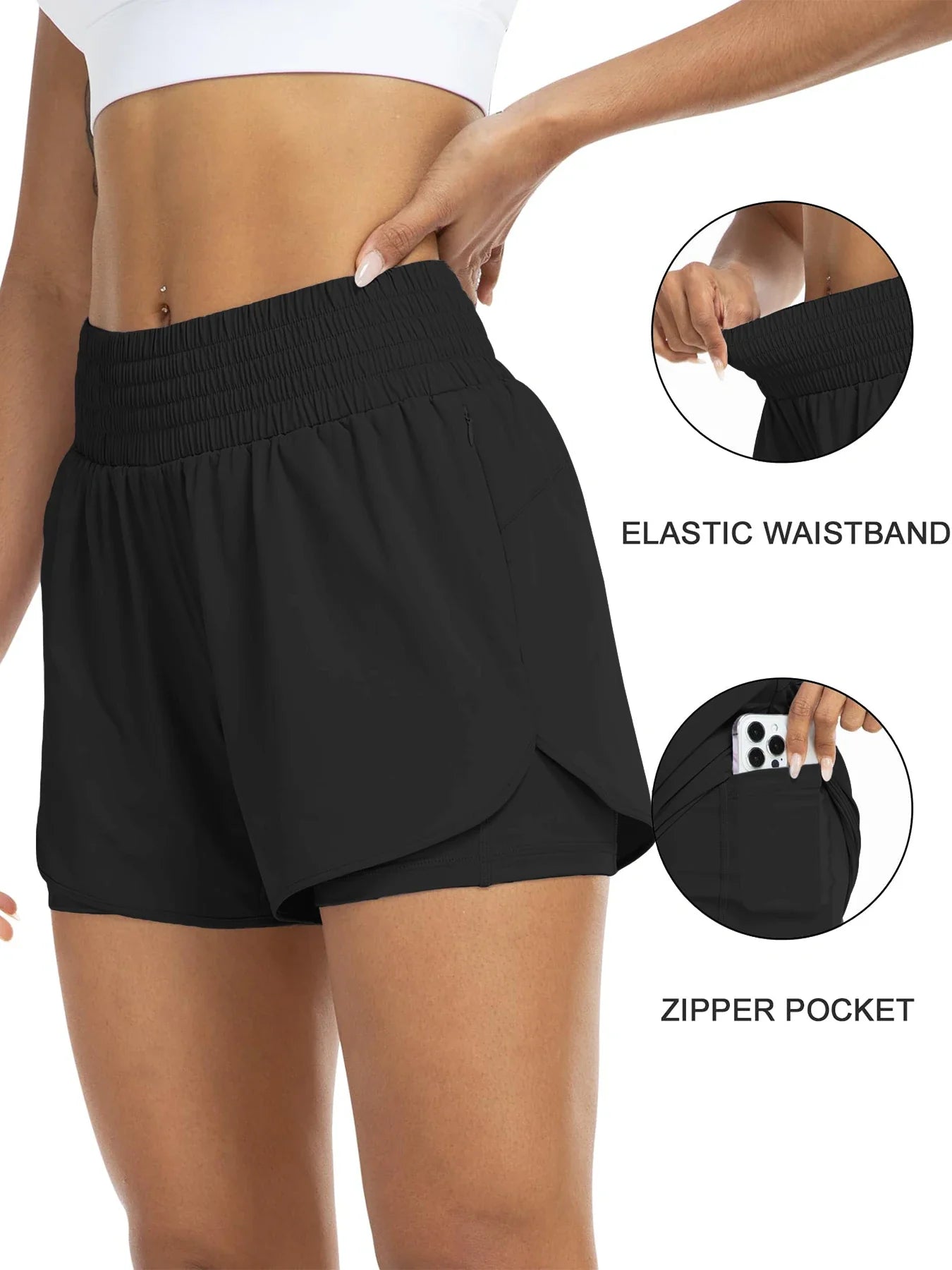 Women's high-waisted athletic shorts for running, yoga, layered design, anti-exposure, fitness, and workout with pockets