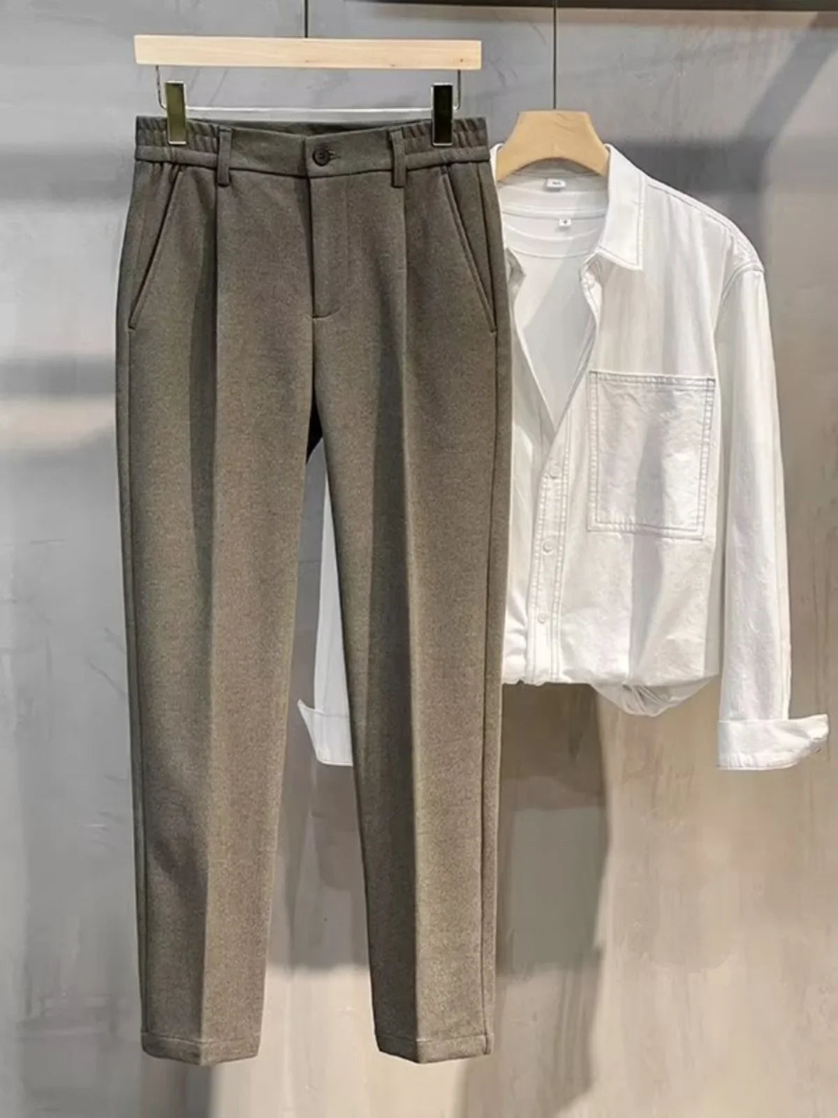 Men's Woolen Casual Pants Autumn Winter Thickened Straight Leg Slim Fit Long Trousers Korean Fashion Nine Points Pants
