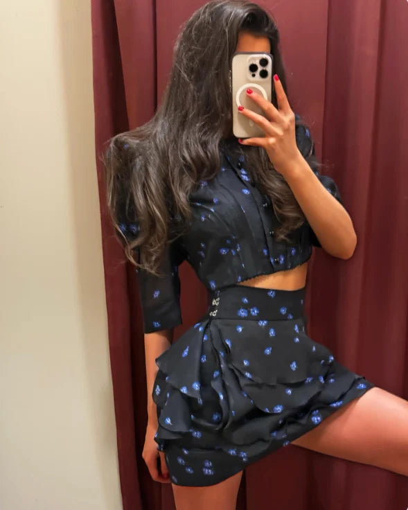 Women's Elegant Floral Print Two Piece Set Fashion Puff Sleeve Crop Top Layered Ruffle Mini Skirt Sets 2026 New Lady Daily Suits