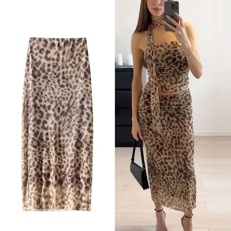 HXAO Leopard Print Tulle Skirt Woman Vintage High Waist Long Skirts For Women Summer Mesh Midi Skirt Elegant Women's Skirts