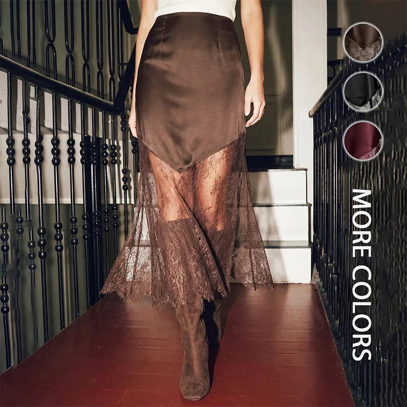Women Patchwork Lace Skirts 2026 New Vintage High Waist Slim Hollow Out Maxi Skirts Autumn Brown Fashion Party Club Boho Skirt