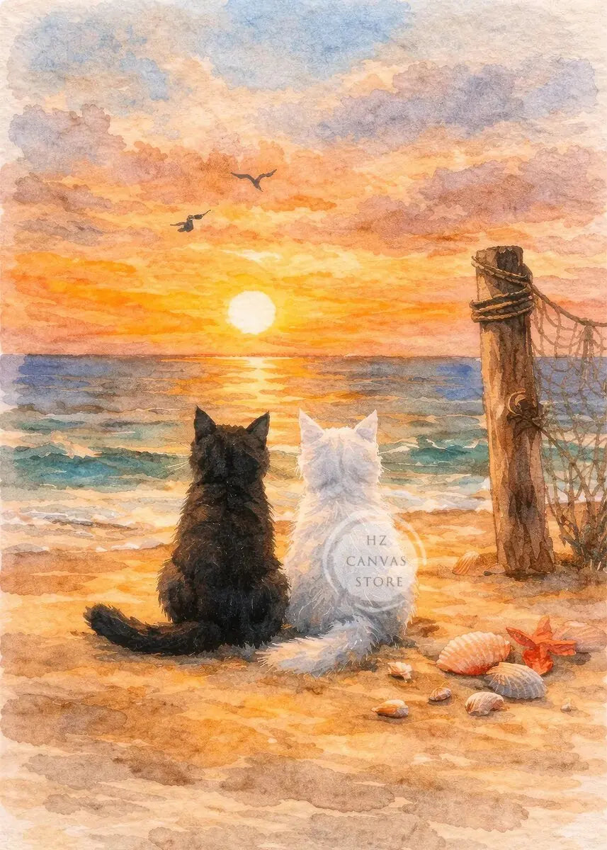 Cute Kittens Various Scenes Poster Funny Baby Cat in Daisy Field Watching Sunset on Beach Sleeping Canvas Print for Home Decor