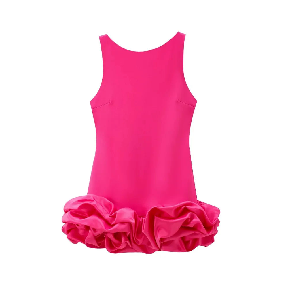 Women's Patchwork Voluminous Mini Dress, O-Neck, Backless With Zipper, Female Dresses, Sexy Fashion
