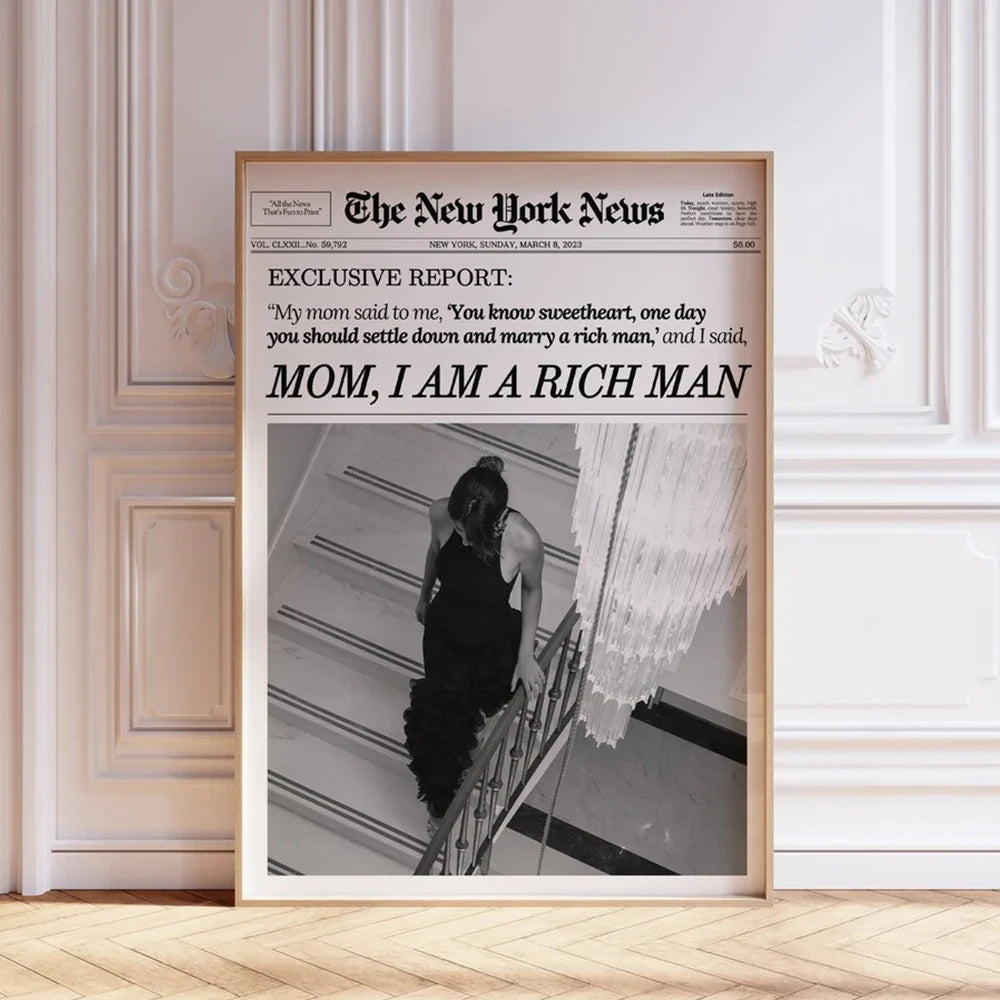 Modern Mom I Am a Rich Man Newspaper New York News RetroWall Art Canvas Painting Posters For Living Room Bar Cart Home Decor
