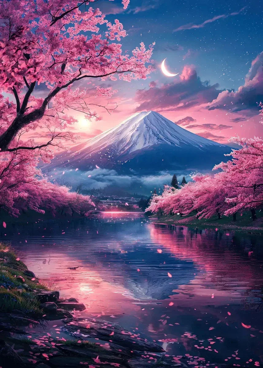 Pink City Asian Travel Japanese Cherry Blossoms At Mount Fuji Poster Light Prints Canvas Painting Wall Pictures Home Room Dec