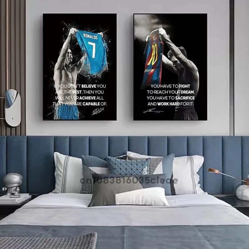 Football Soccer Star Messi Ronaldo Poster Motivational Quotes Decorative Paintings Canvas Wall Art Pictures Bedroom Home Decor