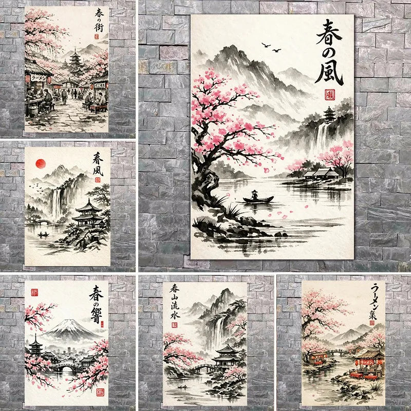 Japanese Ink Painting Landscape Spring Cherry Blossoms Canvas Print Asian Style Wall Art Poster for Living Room Home Decor Gift