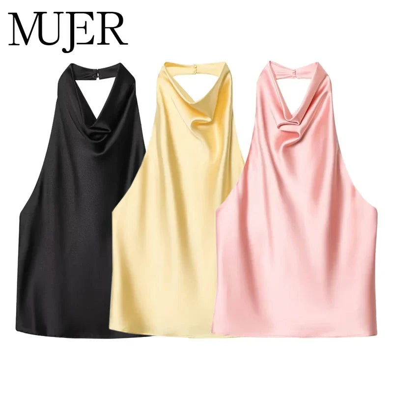 MUJER Satin Halter Tops Woman 2026 Sexy Backless Tops for Women Camisole off Shoulder Summer Top Women Pink Black Top Female