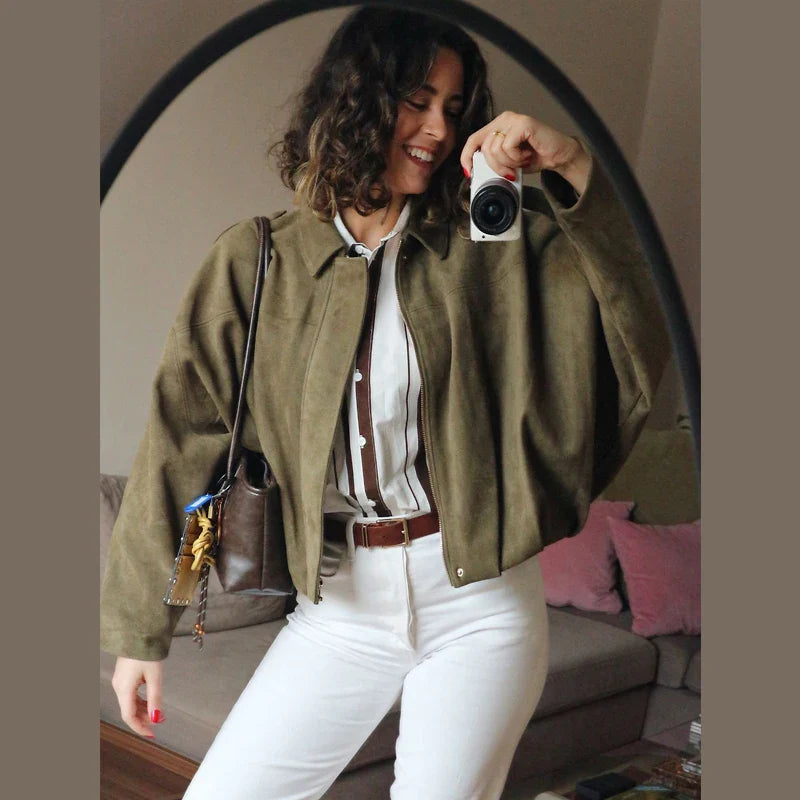 HXAO Women's Bomber Jacket Lapel Long Sleeve Zipper Suede Jacket Women 2025 High Street Cropped Racing Jackets Coats Outerwears