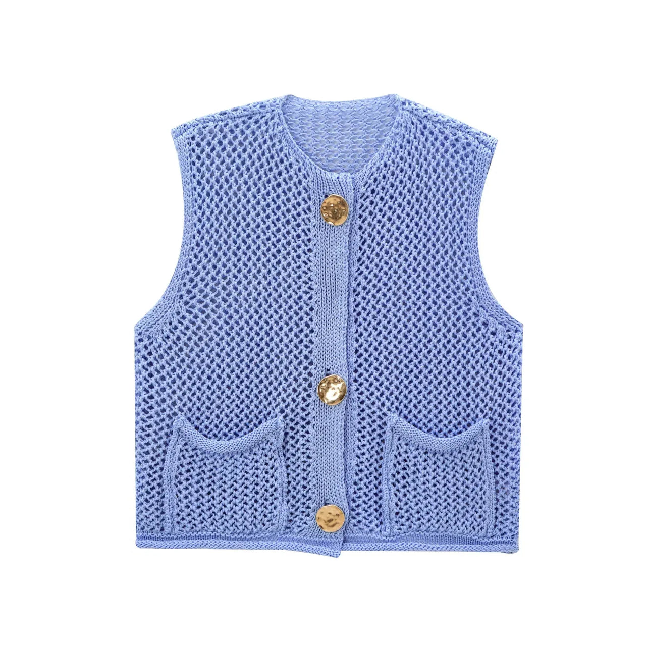Women Fashion Sleeveless Coarse Needle Knitting Vest Sweater Female Chic Big Pockets Patch Buttons Cardigan Waistcoat Tops