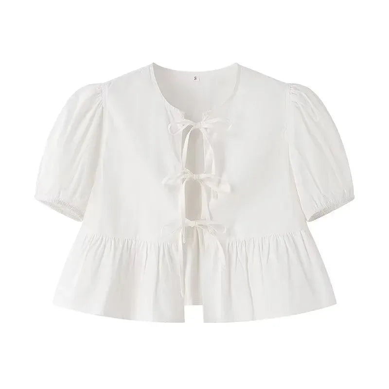 MUJER White Ruffle Crop Top Women Black Short Puff Sleeve Blouse Female Bow Tied Summer Blouses Woman 2025 Ruched Cute Tops