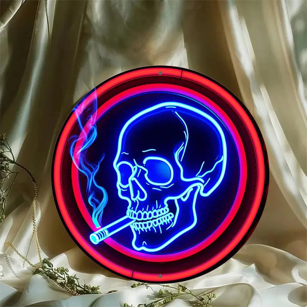 Stand out  Aluminum Neon Skull Sign. Round, Cigarette Wreath.Ideal Wall Art for Kitchen, Office, Garden. Great for Festive Decor