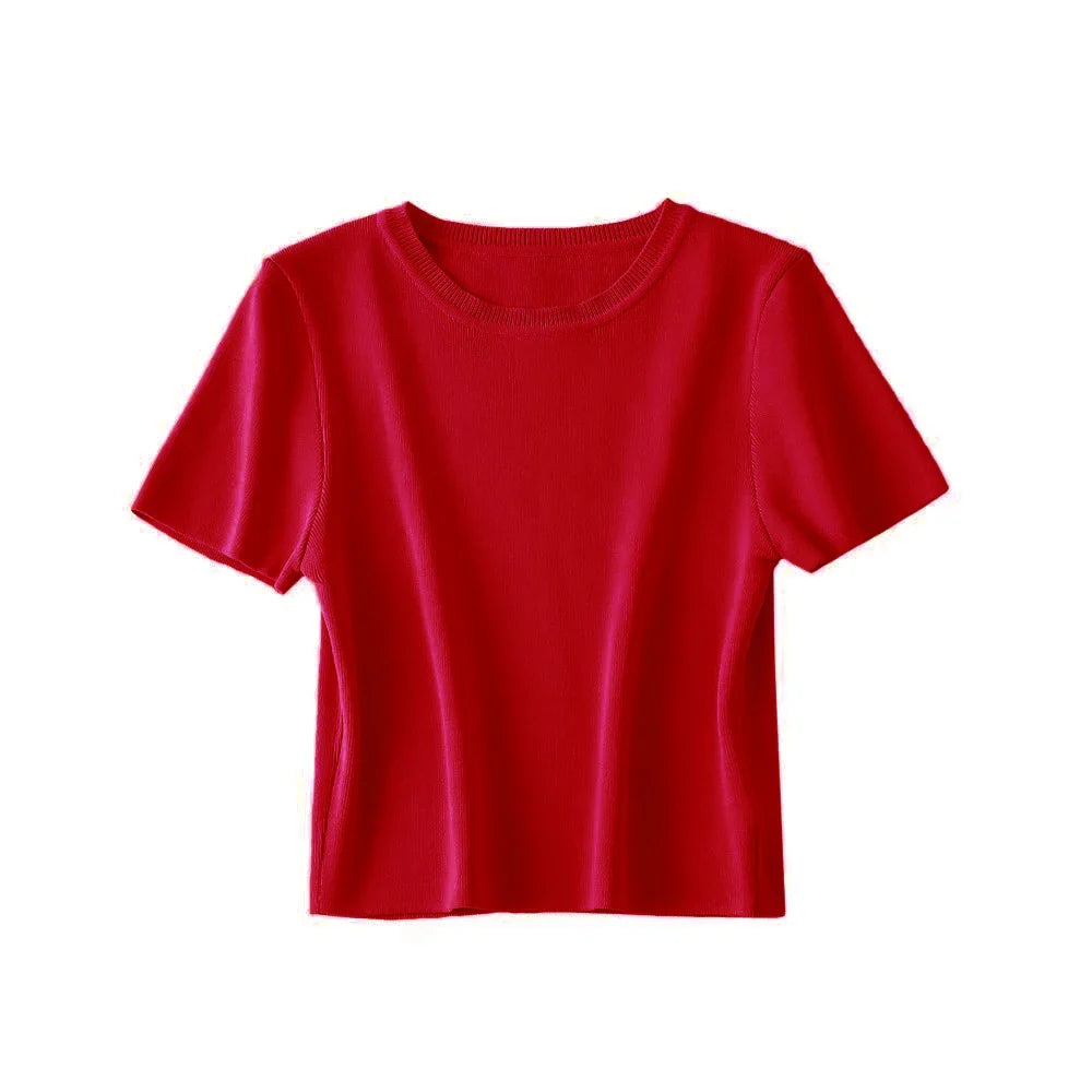 Women Fashion Striped Basic Cropped Knit Sweater Vintage O Neck Short Sleeve Female Pullovers Chic Tops