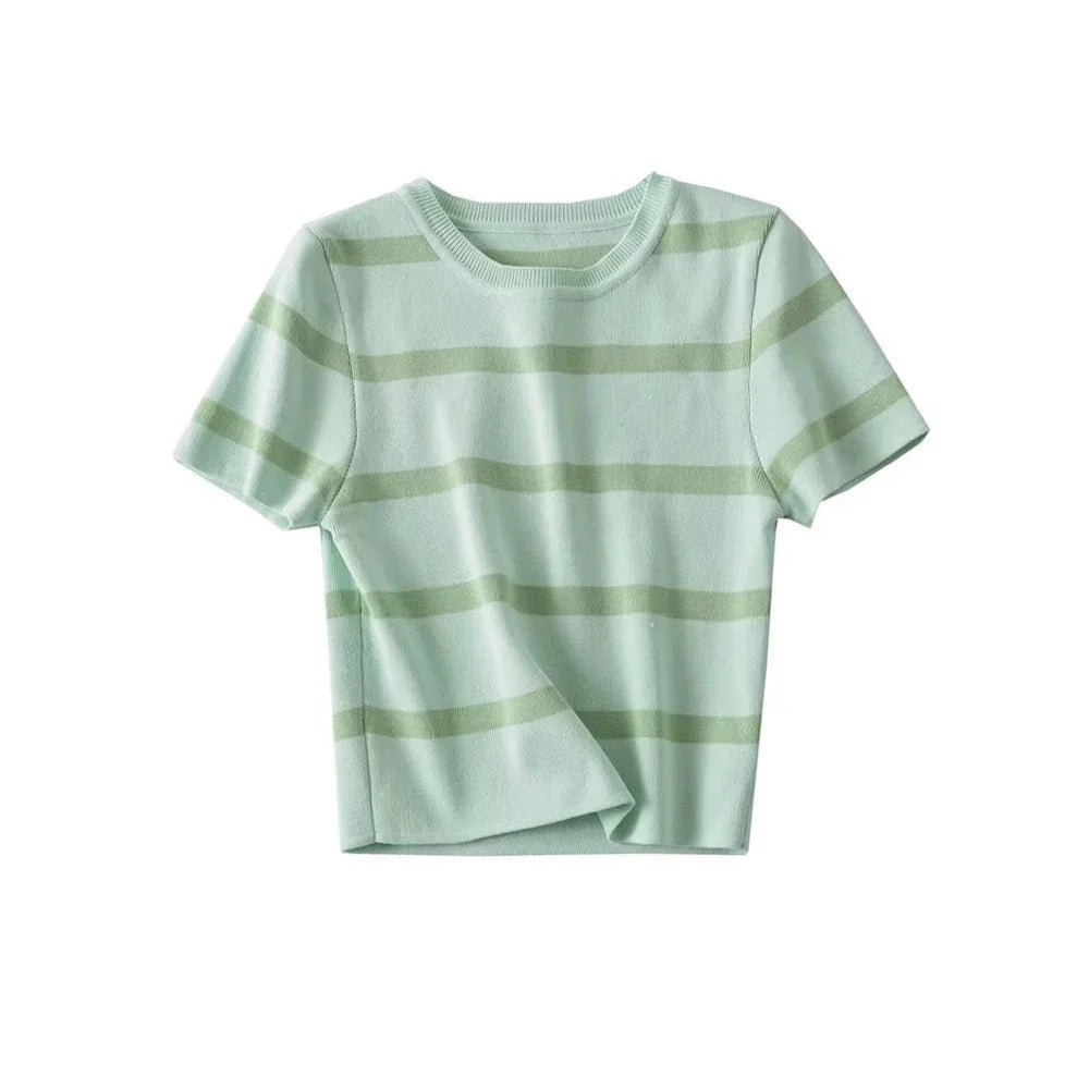 Women Fashion Striped Basic Cropped Knit Sweater Vintage O Neck Short Sleeve Female Pullovers Chic Tops