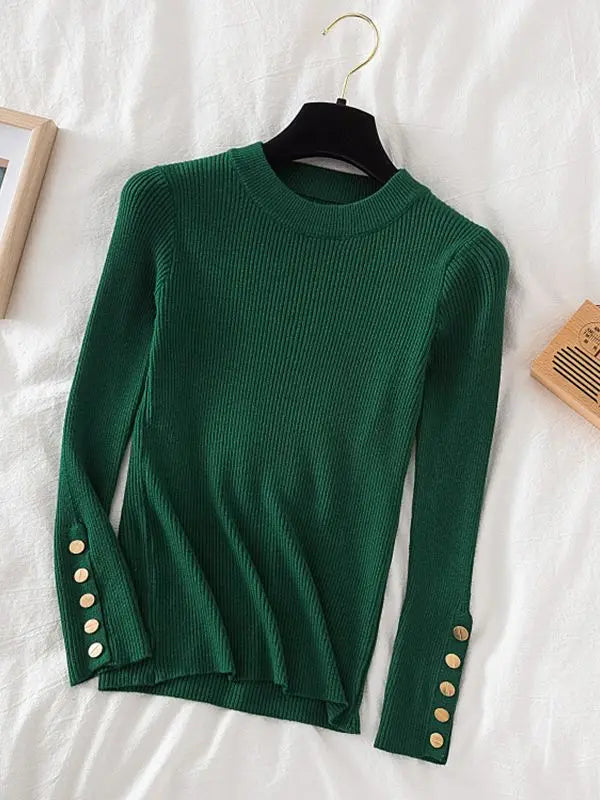 2026 women thick sweater pullovers khaki casual autumn winter button o-neck chic sweater female slim knit top soft jumper tops