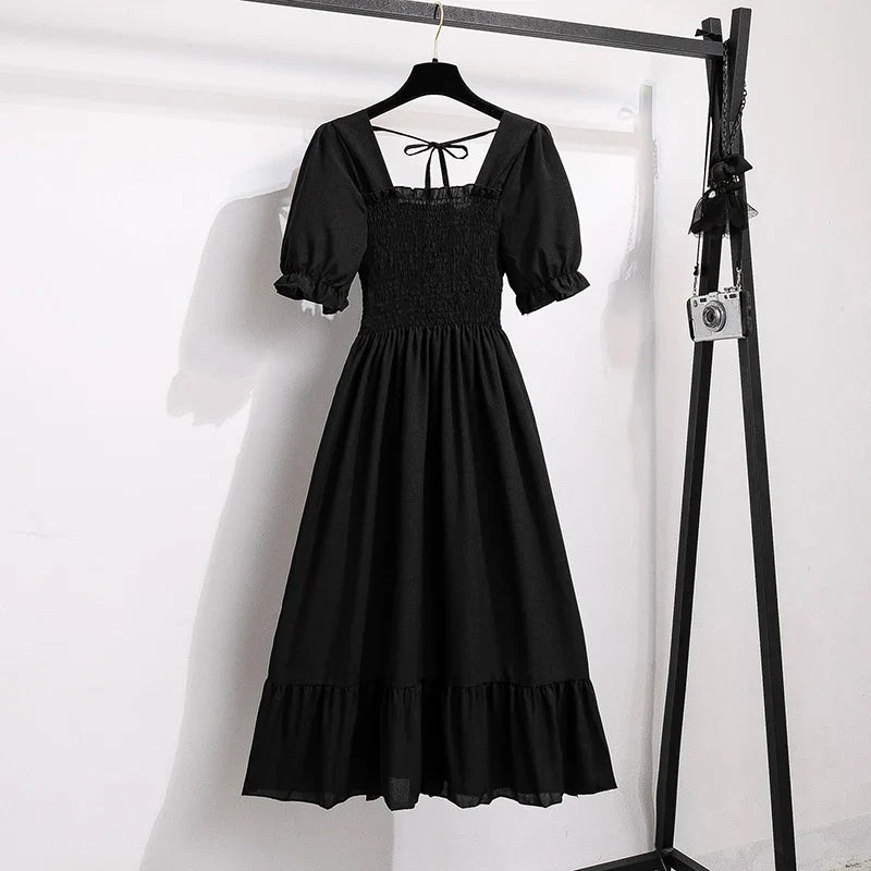 Spring Summer Chiffon Dresses Fashion Female Elastic Waist Short Sleeve Pleated Casual Dress Women A-line Dresses Vestidos