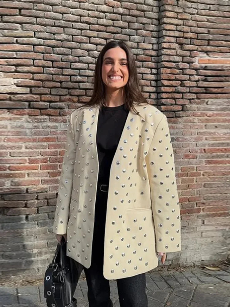 Rivet Fashion V-neck Balzer Coat Women Shoulder Pads Loose Fake Pocket Long Sleeve Jacket 2025 Spring Street Party Commute Tops