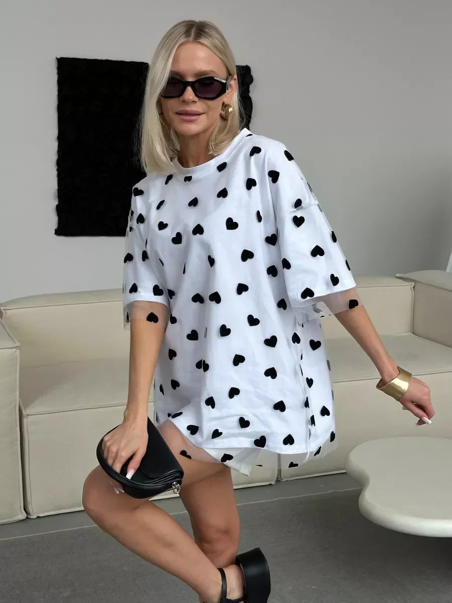 Hirsionsan Heart  Mesh Patchwork Vintage T Shirt Streetwear Aesthetic Chic T Shirt Women Casual Cotton Short Sleeve Tops Y2k