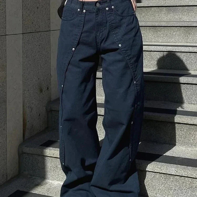 Jeans for Woman Y2k Clothes Relaxed Loose Fit Wide Leg Trousers Vintage American Retro Style with Rivet Patchwork Split Design