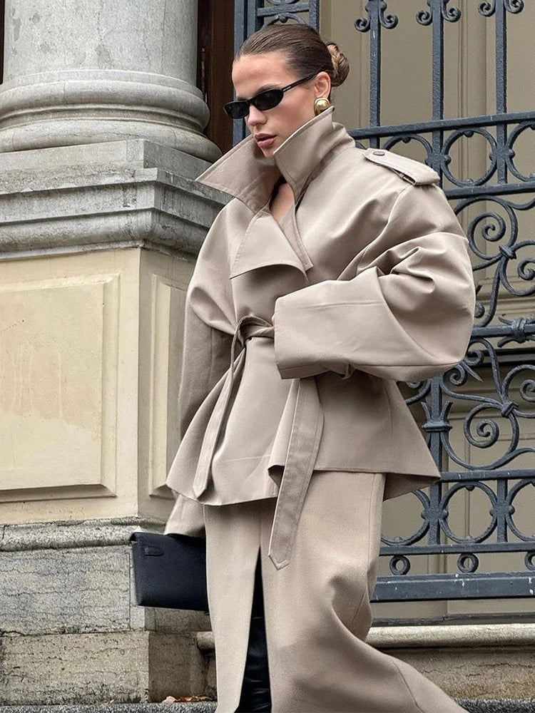 Solid Lapel Lace Up Trench Coat Women Fashion Full Sleeve Waist Cinching Short Windbreak New Autumn Office Commute Outwear 2026