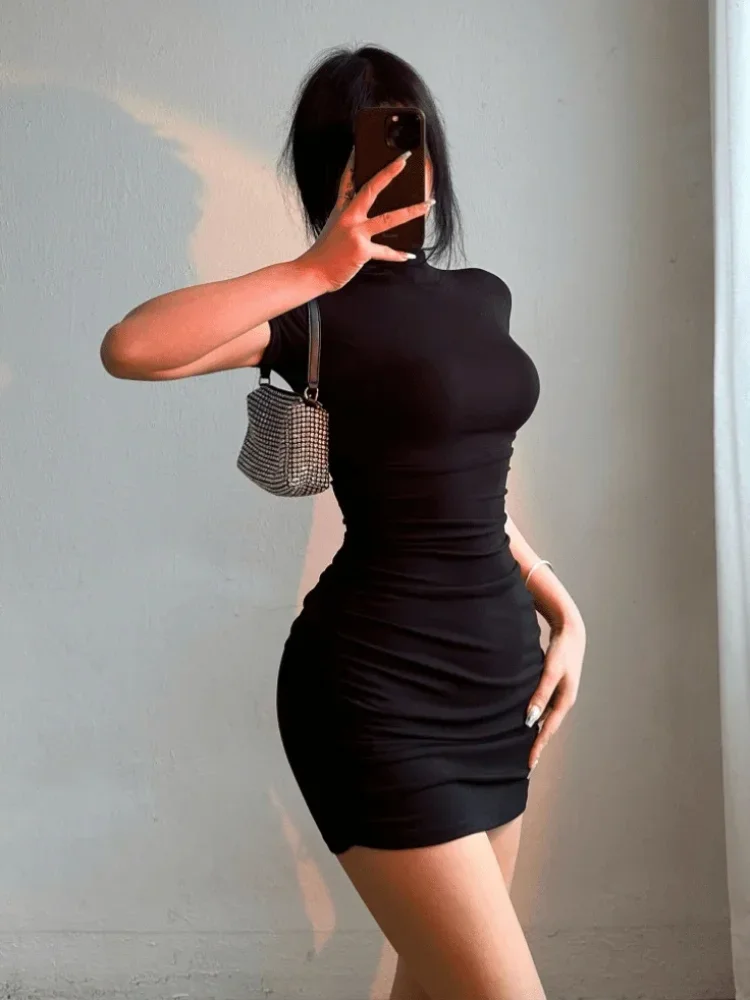 Sexy Tight Half High Collar Pleated Waist Mini Dress Spicy Girls Slim Dresses Bodycon Women Vestidos Cortos Party Mujer Clothin
