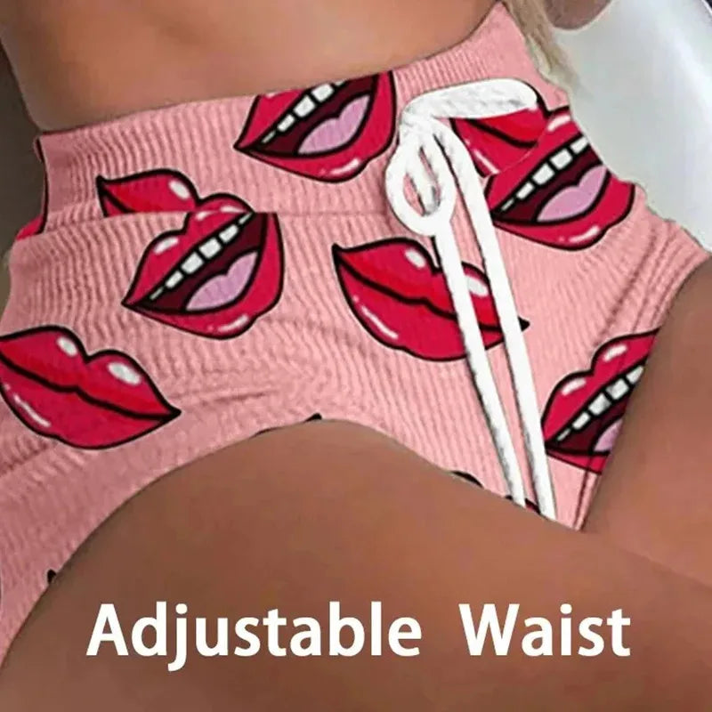 2026 Summer Casual Lips Print Women Sleepwear Pajamas Set Top Pants Skinny Homewear Underwear