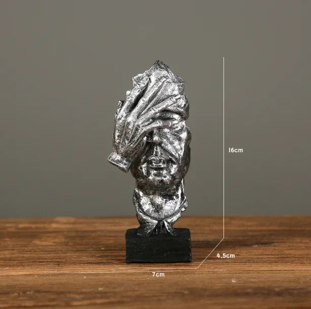 17cm Home Decor Abstract Silence Is Gold Figurine Resin Hand Face Silent Men Statue Sculpture Home Office Living Room Decoration