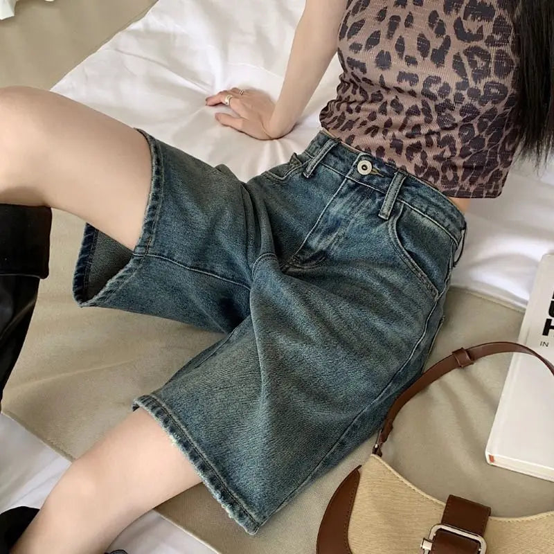 Denim Shorts Women Summer Loose Button Zipper Pockets Vintage Retro High Waist Korean Style Casual Cozy Solid Simple All-match