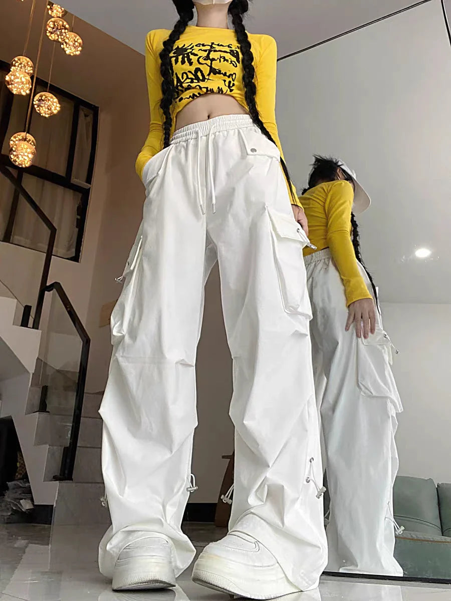 2024 American style large pocket cargo pants women's spring summer new style wide leg pants loose slimming casual sports pants