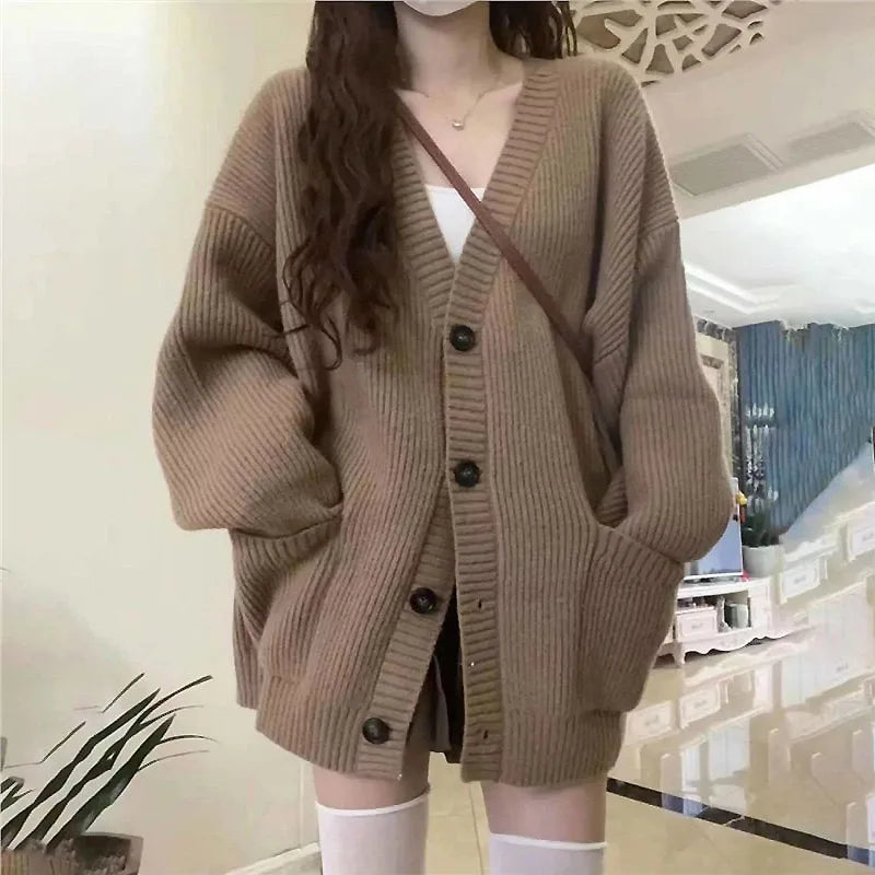 Korean version V-collar lazy wind cardigan Japanese department simple sweater female spring and autumn winter casual loose knit
