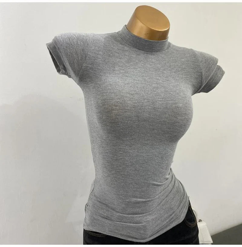Women's Slim Fit Turtleneck Ribbed Knit Crop Top Casual Basic Tight Knit Sexy Fitted Cropped T-Shirt