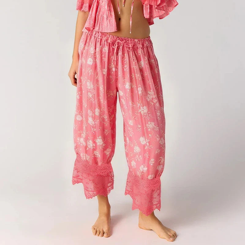 Combhasaki Women's Y2K Loose Fit Bloomers Cropped Pants Drawstring High Waist Floral Lace Patchwork Calf-Length Lantern Trousers