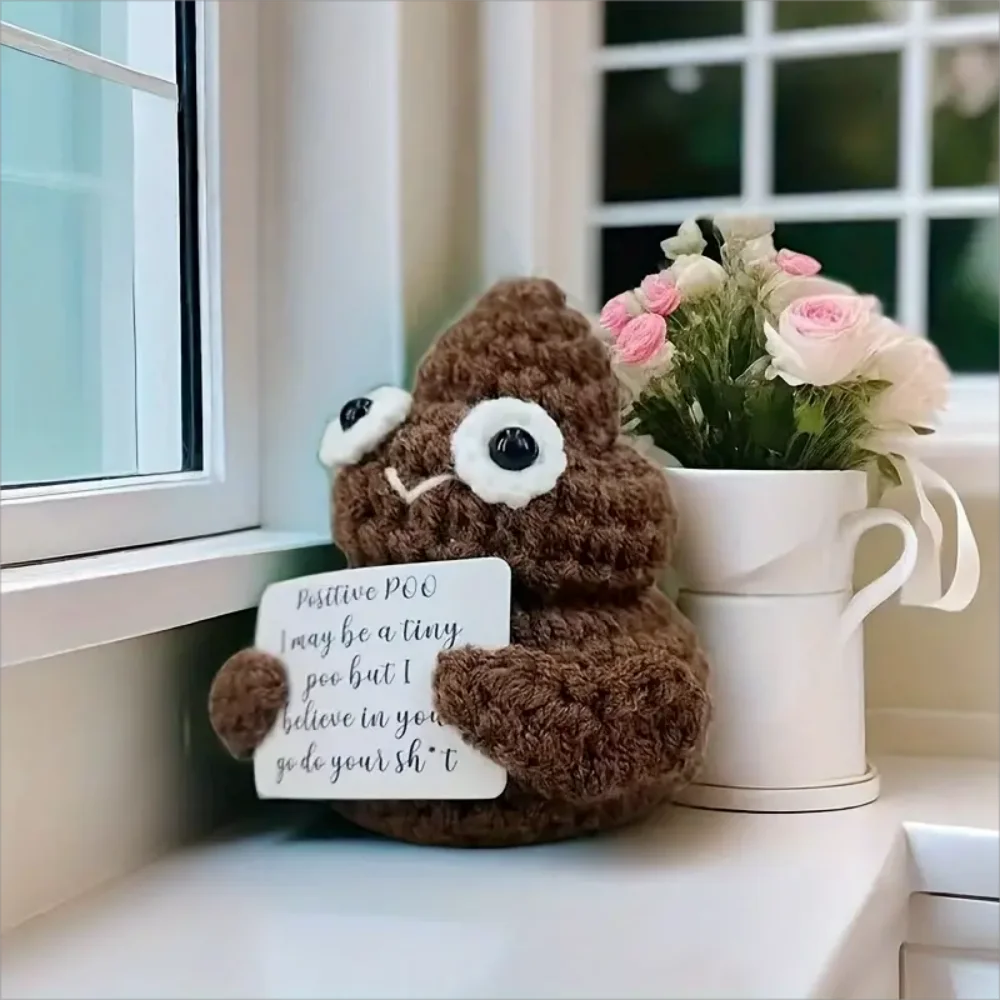 Cute Crochet Doll Positive Poo Creative Knitted Decor Emotional Support Positive Message Card  New Year Birthday Gift