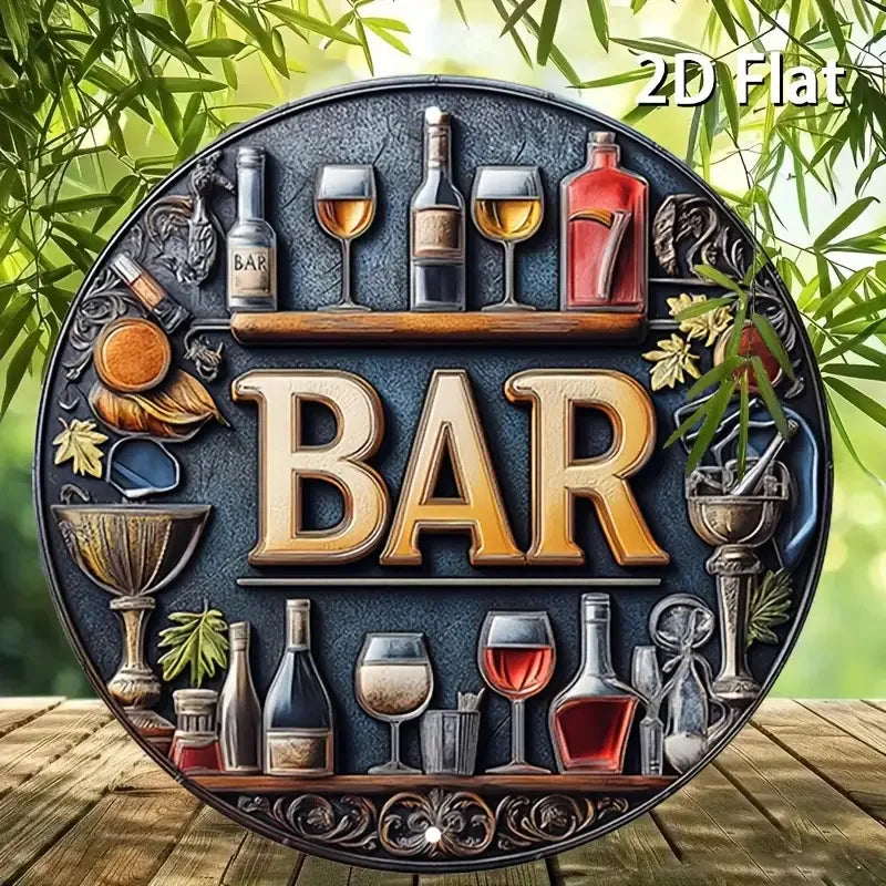 2D Flat, 1pc Vintage Metal Bar Sign - Elegant Wine & Glasses Design, Retro Aluminum Round Wall Art for Bars, Cafes, Beach Houses