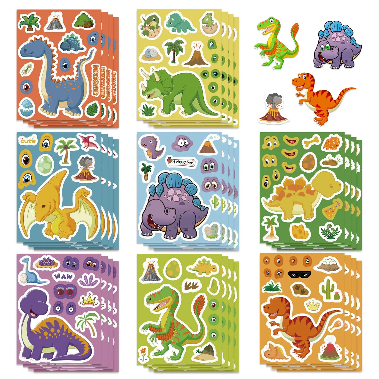 8/16/24PCS Cute Dinosaur Puzzle Stickers, Face Stickers Handmade DIY Creative Personalized Decoration Waterproof Sticke