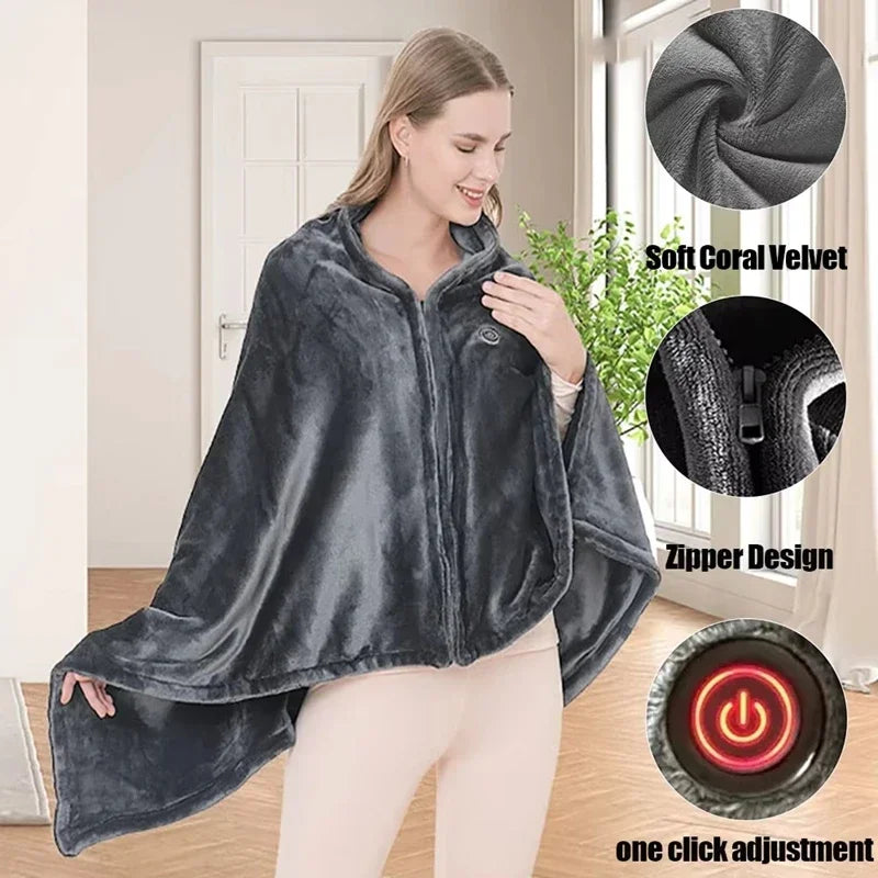 Wearable Heating Electric Blanket Shawl 3 Heated Level Throw Blanket 5v USB Charging Coral Velvet 8 Heated Areas Fast Heating