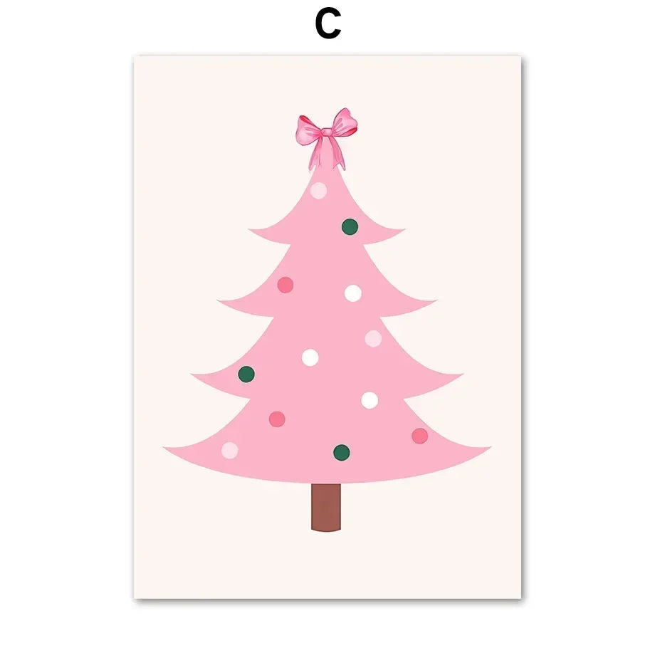 Modern Simple Wall Art Pink Christmas Tree Father Christmas HD Canvas Print Poster Home Living Room Bedroom Decoration