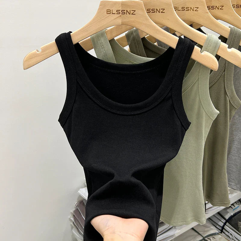 zjaiss Women Solid Round Neck Ribbed Tank Top Camisole Women 2026 Summer Basic Elastic Tank Top O Neck Solid Tank Top