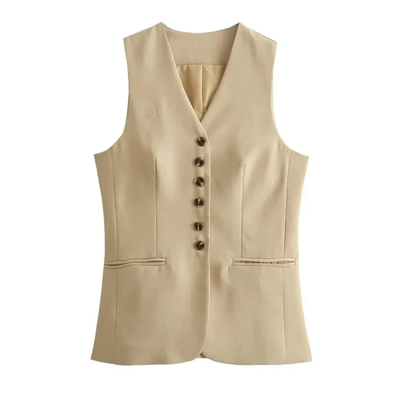 HH Women 2024 Fashion Summer Vest Skirt Sets Khaki V-Neck Sleeveless Pockets Waistcoats+High Waist Asymmetrical Skirt Suits