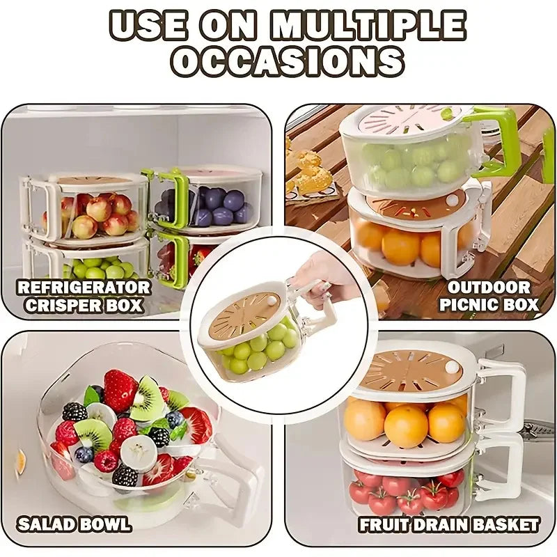 2-in-1 Double Layer Drain Basket Fruit Drainer Container with Foldable Handle Food Strainer Thickened Fruit Plate Easy to Clean