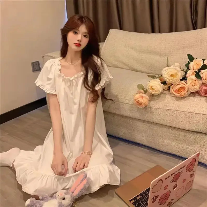 White Mid Length Nightgowns Summer Pajamas Women's Home Clothes New Dress Korean Sleepwear For Sleeping Sexy Nightwear Woman Top