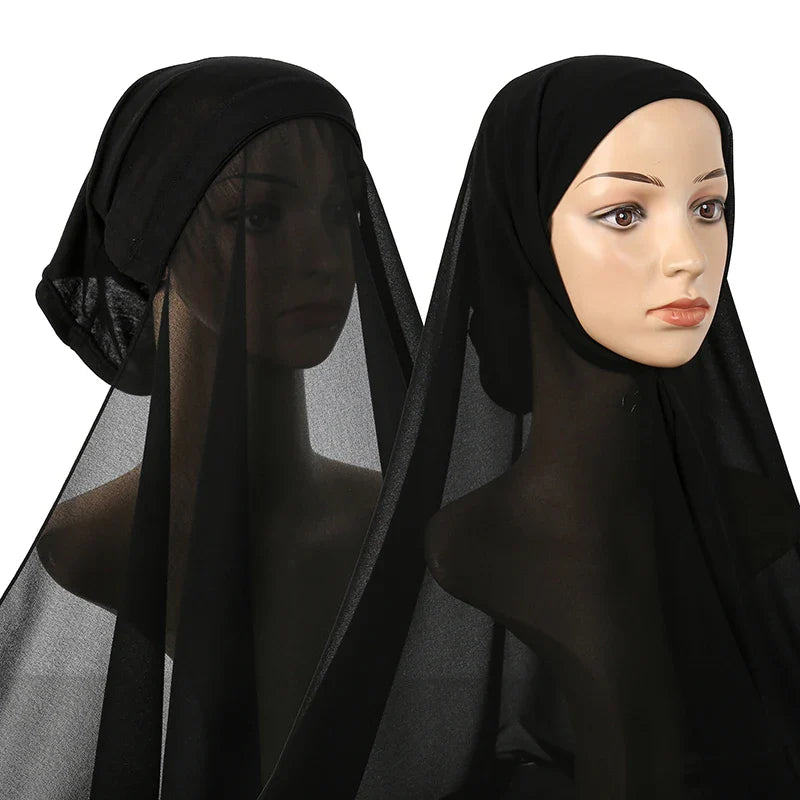 New Plain Instant Hijab Bubble Chiffon With Modal Tube Cap Set Muslim Woman Hijab Innerscarf Casual Long Scarf Islamic Turban