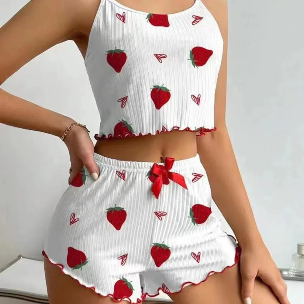 Women's Strawberry Print Ribbed Knit Ice Silk Camisole Pajama Set Comfortable Two-Piece Sleepwear for Summer