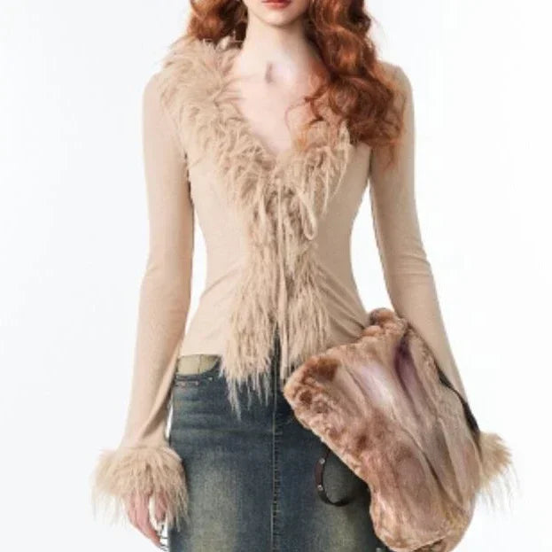 Y2k Aesthetic V-neck Jacket Women Korean Sexy Fashion Cardigan  Harajuku Vintage Bandage Fur Patchwork Coat 2024 Spring Chic