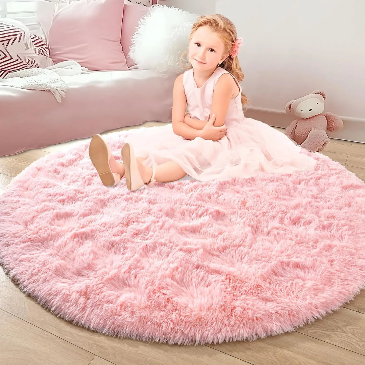 VIKAMA Pink Round Carpet Fluffy Soft Area Floor Mat Children Girls Room Princess Castle Plush Carpet Living Room Home Decor