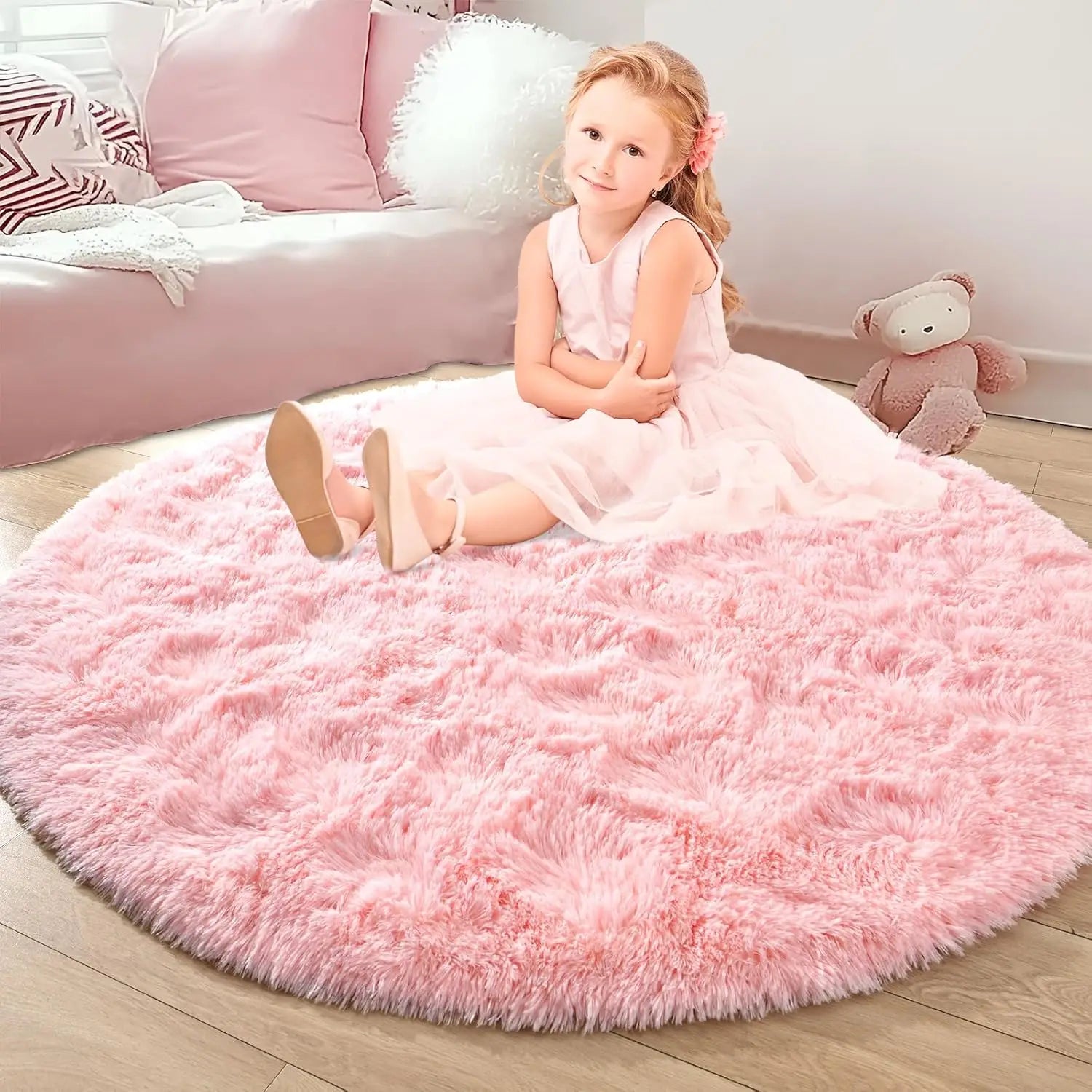 VIKAMA Pink Round Carpet Fluffy Soft Area Floor Mat Children Girls Room Princess Castle Plush Carpet Living Room Home Decor