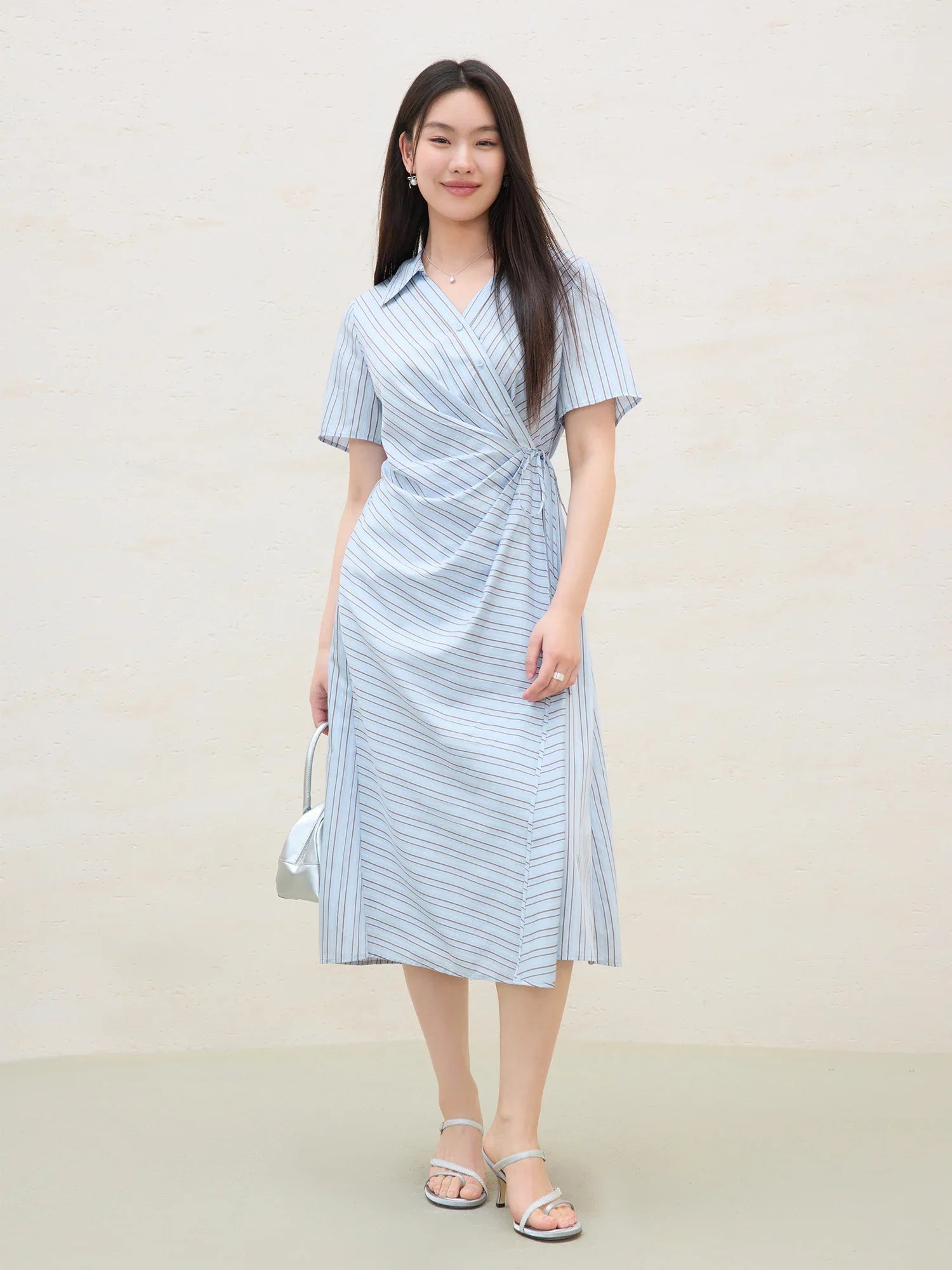 DUSHU 2025 Summer Women's Surplice Shirt Dress - Button-Down Collar & Midi Length for Office to Casual Wear 25DS82142