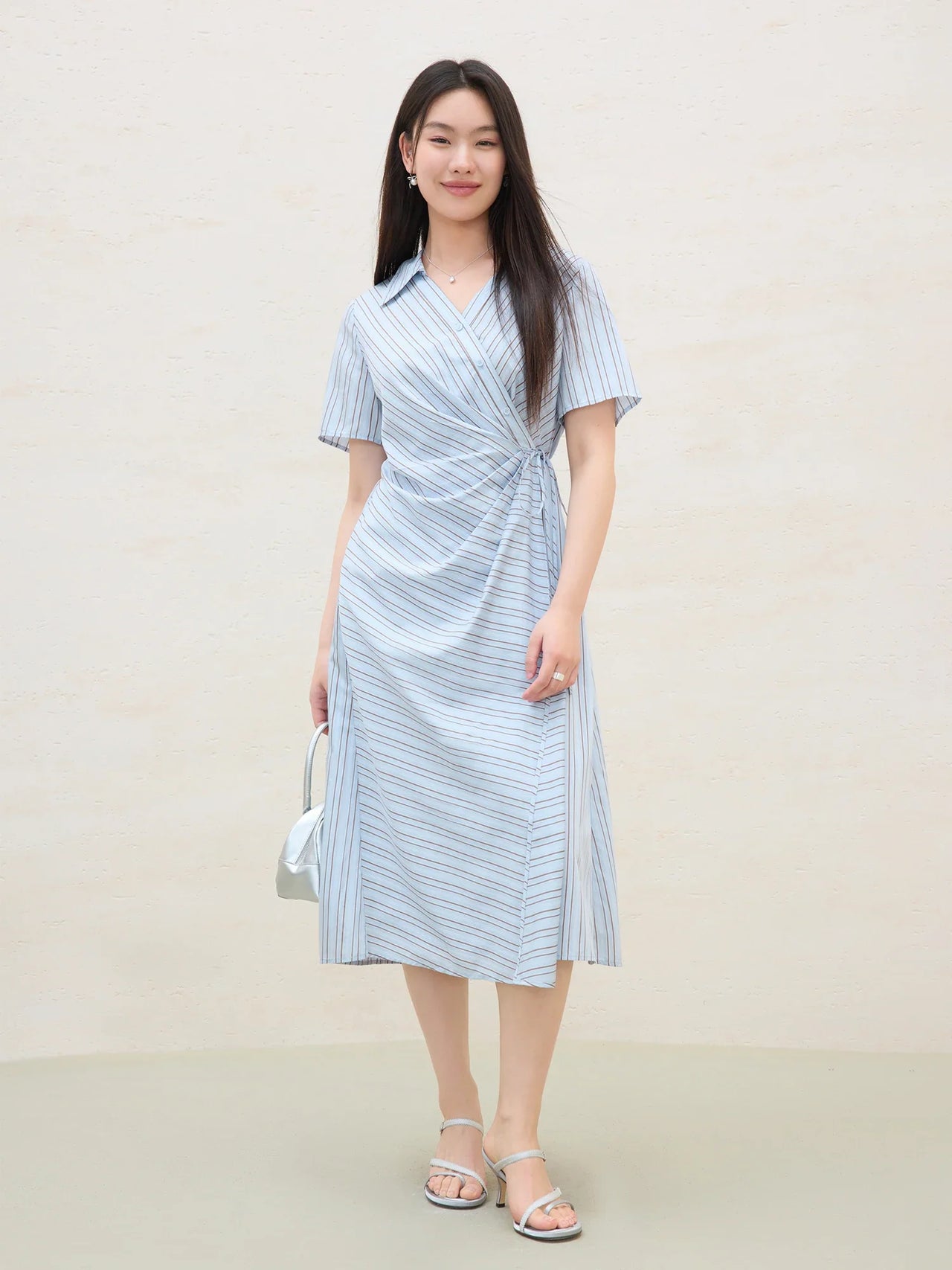 DUSHU 2025 Summer Women's Surplice Shirt Dress - Button-Down Collar & Midi Length for Office to Casual Wear 25DS82142