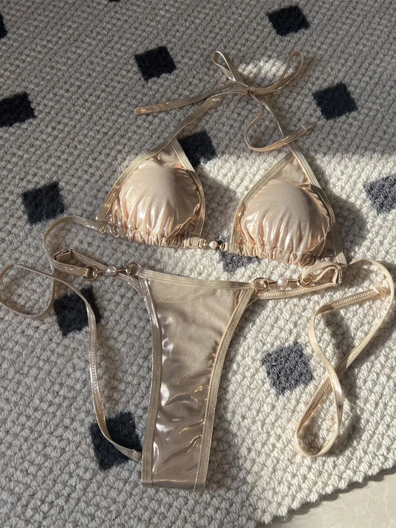 Shiny Pink Micro Bikini 2026 Mujer Women Sexy PU Pearls Push Up Thong Swimsuit Summer Bathing Suit Bandage Holiday Swimwear