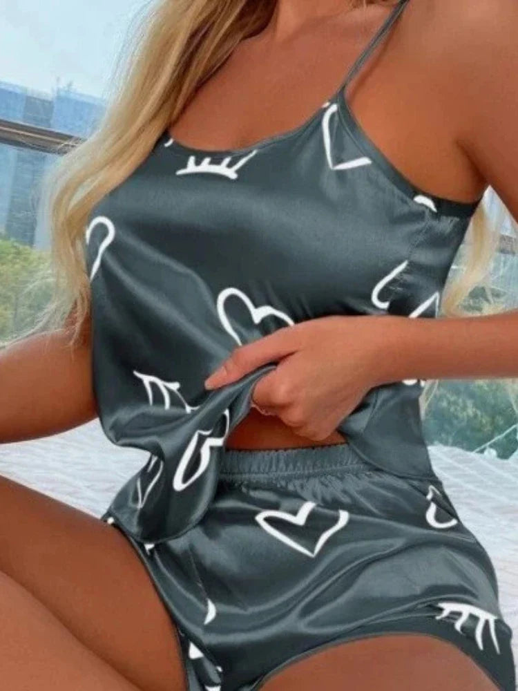 New Women's Pajama Set Short Sleeveless Loungewear Heart Printing Comfort Home Wear Sleepwear Cotton Casual  Sexy Sleepwear